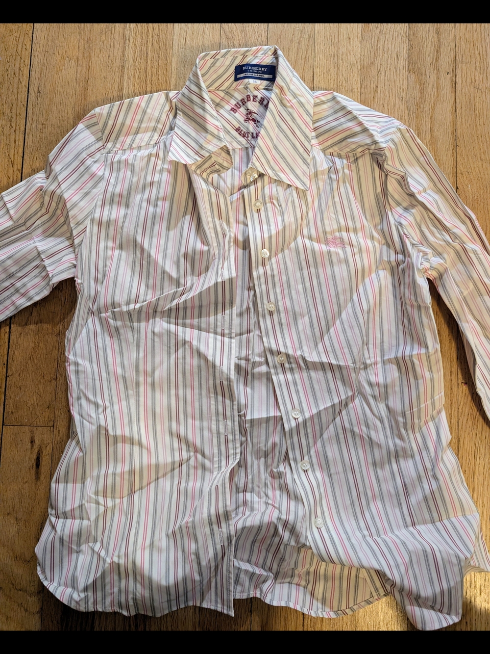 Burberry Blue Label Women's White Button-Up Shirt with Pink and Gray Stripes